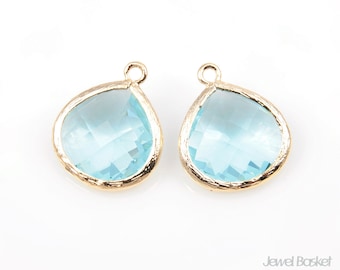 2pcs - Aquamarine Glass and Gold Framed Pendant / aquamarine / blue / aqua / 16k gold plated / glass / earring / 15 x 18mm / SAQG007-P