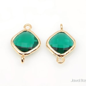 2pcs - Emerald Color and Gold Framed Glass Diamond Connector / emerald / 16k gold plated / green / glass / connector / 9 x 15mm / SEMG024-C