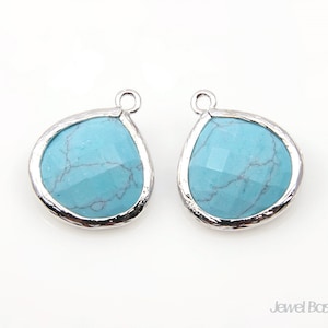 2pcs - Turquoise Glass and Polished Siver Framed Pendent / turquoise / sky blue / blue / rhodium plating / gemstone / 15 x 18mm / STQG007-P