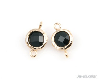 Black Onyx Glass and Gold Framed Round Connector / 7.5mm x 12mm / SBOG033-C (2pcs)