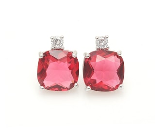 Ruby Square Glass with Cubic Ear Post in Rhodium / rhodium plated / cubic zirconia / silver post/ red / 10mm x 12mm / SRUS142-E