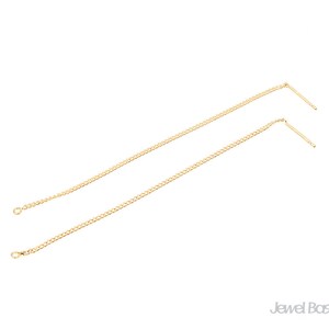 May include: A pair of long, gold chain earrings with a simple, delicate design. The chains are attached to small, straight posts.