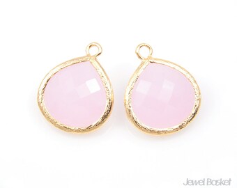2pcs - Ice Pink Glass and Polished Gold Framed Pendent / pink / ice pink / 16k gold plated / glass / earring / 15 x 18mm / SPKG007-P