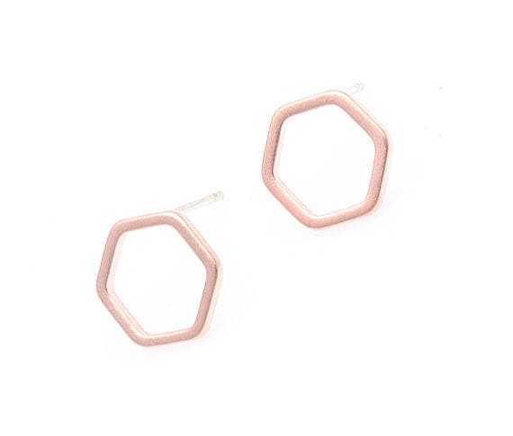 4pcs - Hexagon Earring in Matte Rose Gold / rose gold plated / 92.5 sterling silver / rose gold earring / figure / 10mm x 11mm / BMRG375-E