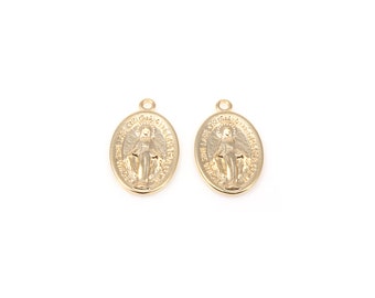 2pcs - pendentif ovale de Vierge Marie en or / 16k or Pendentif plaqué / ovale / pendentif / collier / Bijoux / laiton / 10x25mm / BG418-P