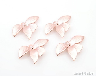2pcs - BMRG034-P / rose gold on the brass / flower pendant / orchid connector / Orchid Flower Leaf Pendant in Matte Rose Gold / 10mm x 21mm
