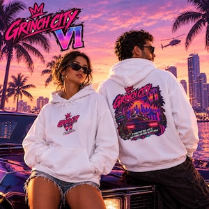 GTA Grinch Core Sweatshirt, Vice City Christmas Crewneck, Neon Retro Gaming Streetwear, Funny Grinch Holiday Gift