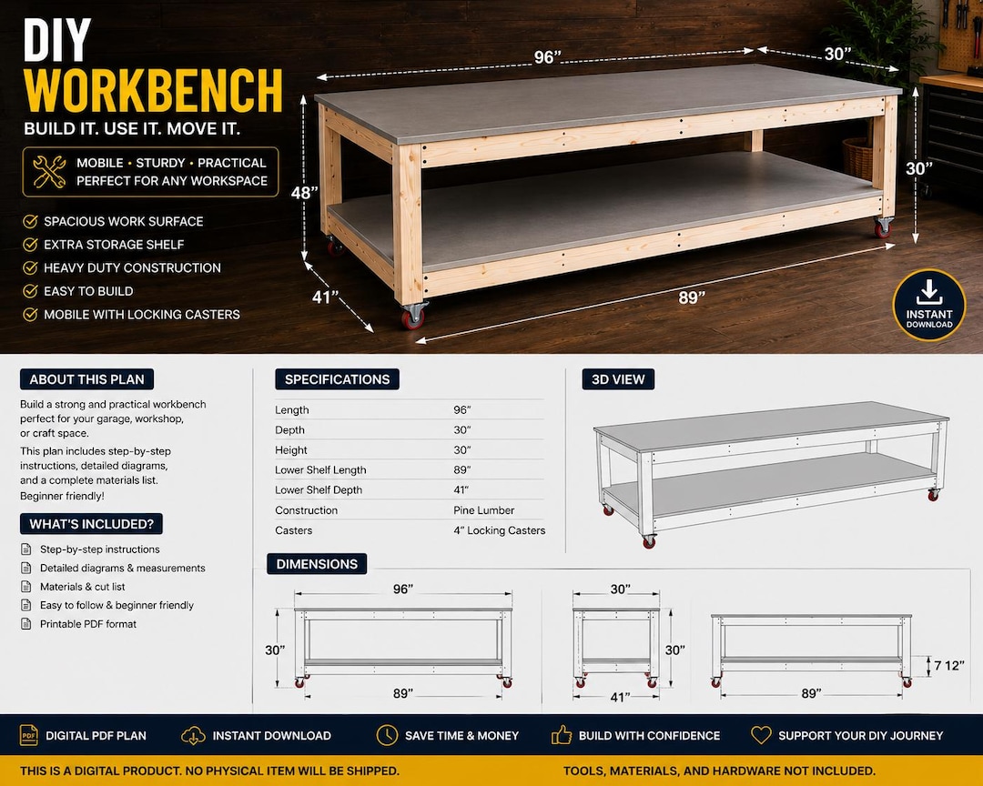 Workbench Table Layout Design DIY Mobile Workbench Plans PDF, Rolling Work Table, Garage Workbench ...