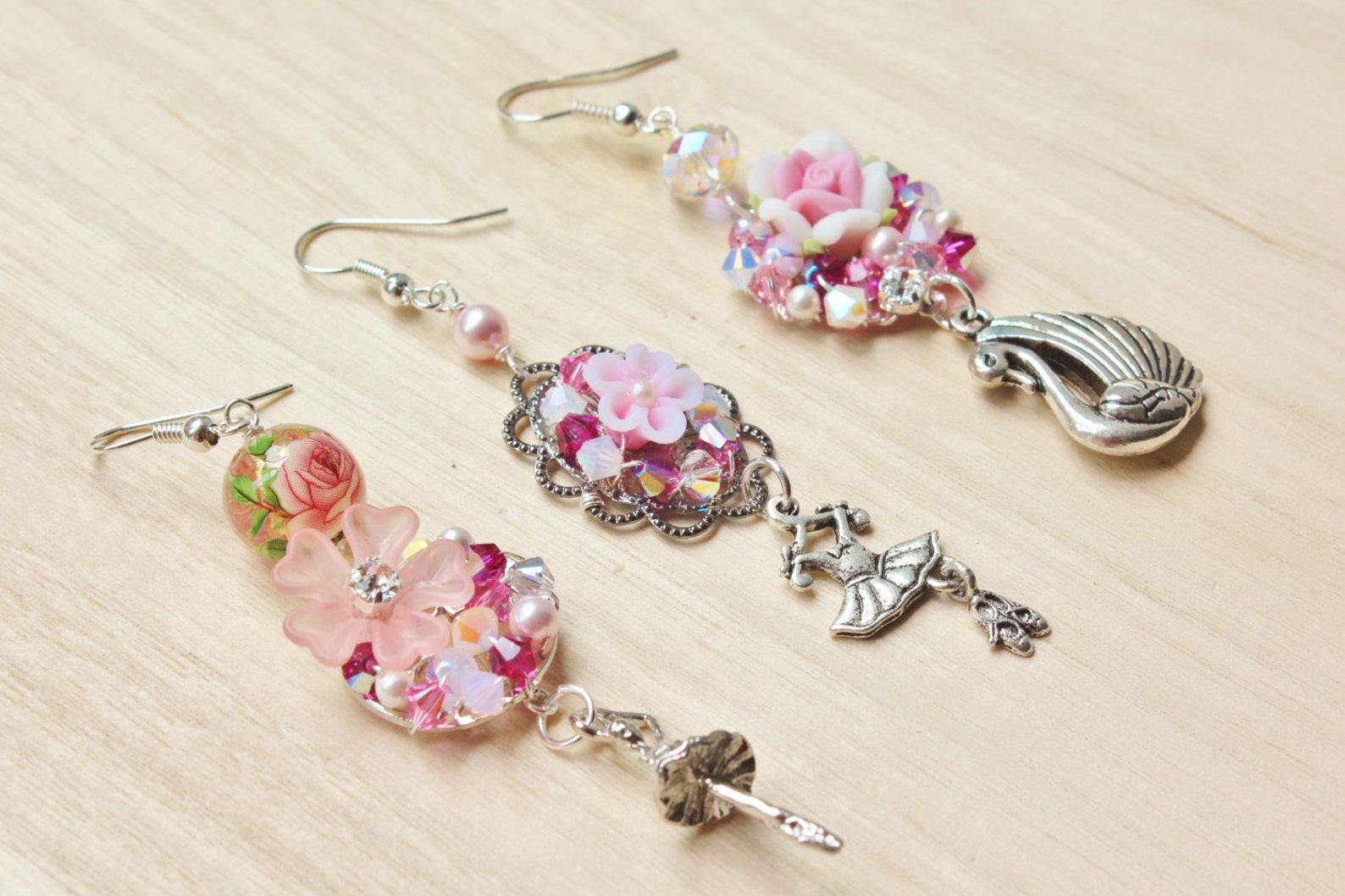 swan lake ballerina trio mismatched earrings - romantic jewelry - pewter tutu skirt, ballet slippers, swan charms, pink polymer swan lake ballerina trio mismatched earrings - romantic jewelry - pewter tutu skirt, ballet slippers, swan charms, pink polymer