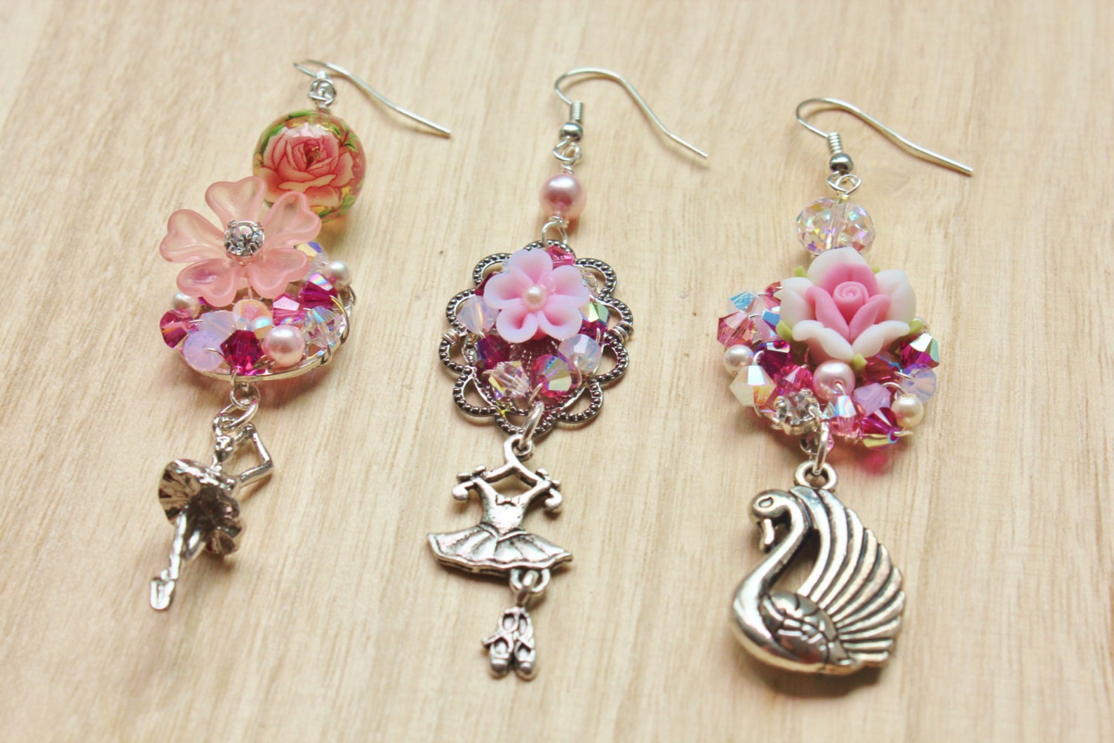 swan lake ballerina trio mismatched earrings - romantic jewelry - pewter tutu skirt, ballet slippers, swan charms, pink polymer swan lake ballerina trio mismatched earrings - romantic jewelry - pewter tutu skirt, ballet slippers, swan charms, pink polymer