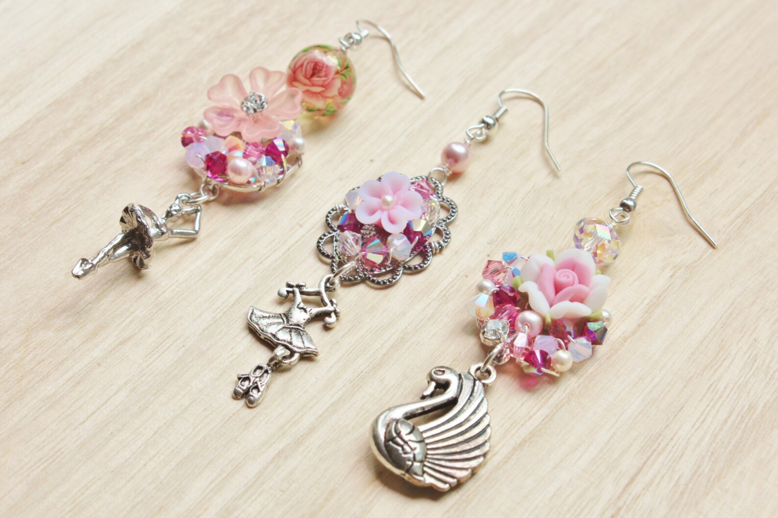 swan lake ballerina trio mismatched earrings - romantic jewelry - pewter tutu skirt, ballet slippers, swan charms, pink polymer swan lake ballerina trio mismatched earrings - romantic jewelry - pewter tutu skirt, ballet slippers, swan charms, pink polymer