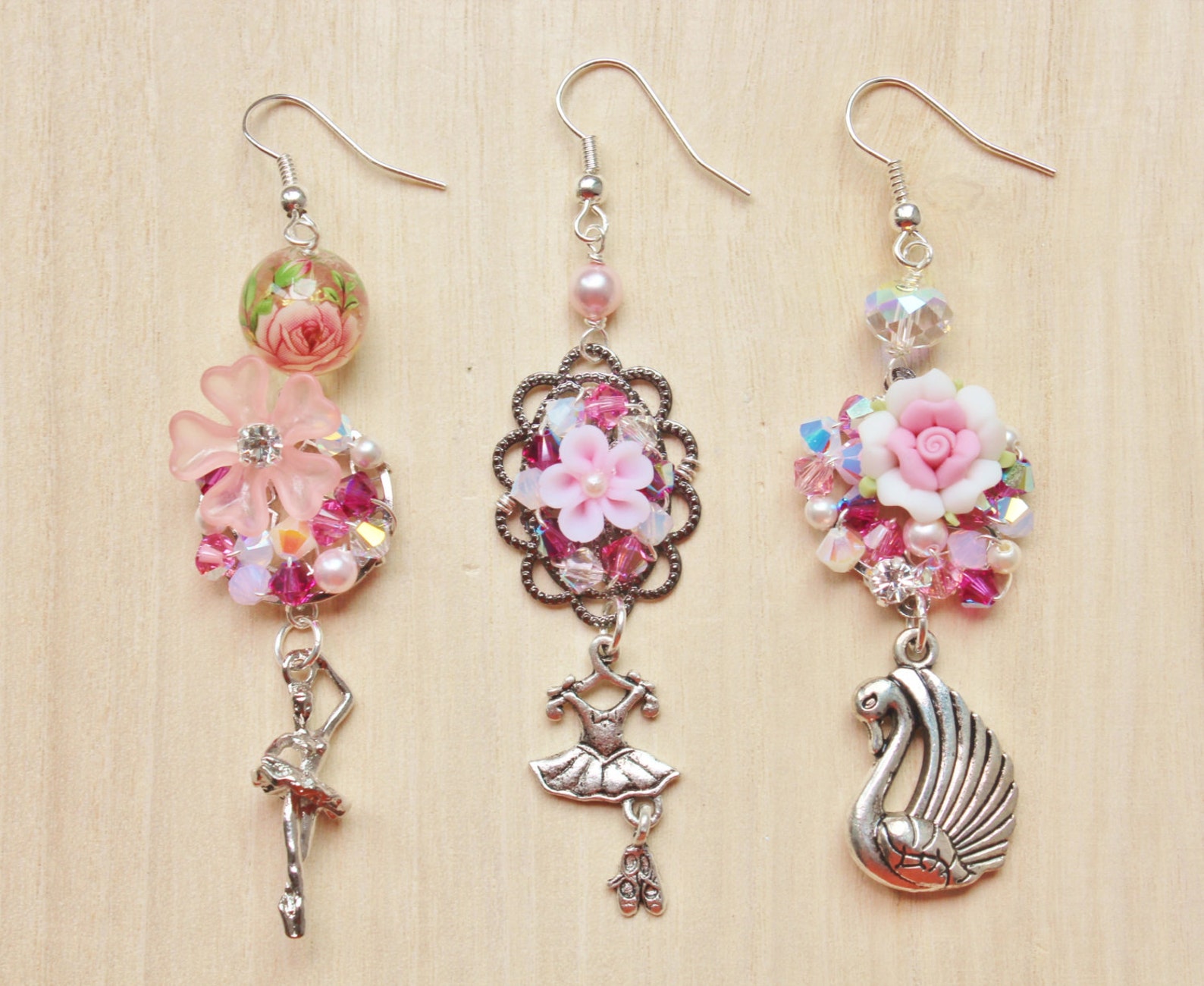 swan lake ballerina trio mismatched earrings - romantic jewelry - pewter tutu skirt, ballet slippers, swan charms, pink polymer swan lake ballerina trio mismatched earrings - romantic jewelry - pewter tutu skirt, ballet slippers, swan charms, pink polymer