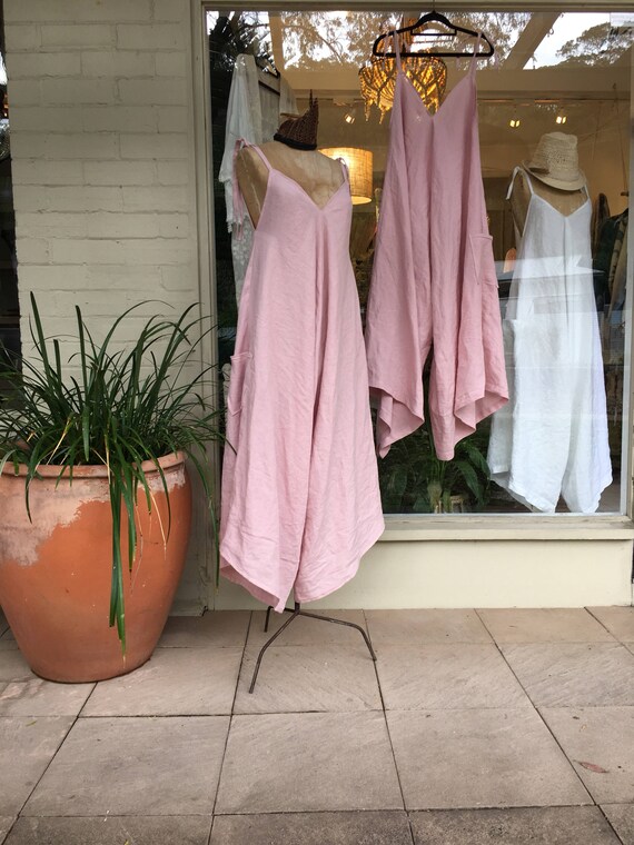 pink linen overalls