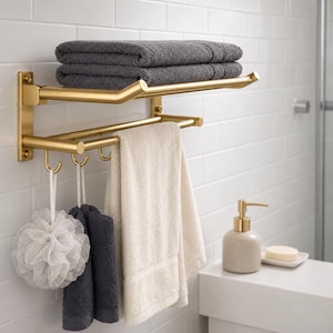 Brushed Brass Wall Mounted Towel Rack with Hooks, Modern Luxury Bath Storage Shelf