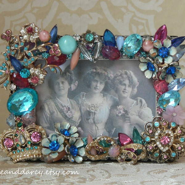 Pink Blue Vintage Jewelry Rhinestone 2 x 3 Photograph Picture Frame