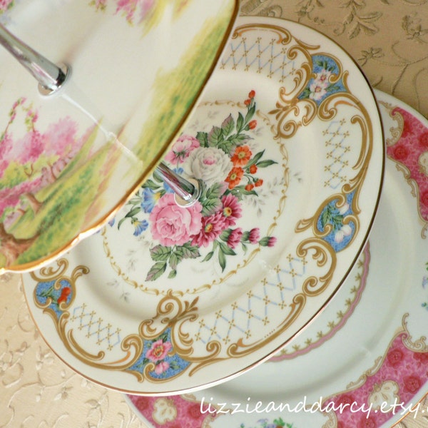 Pink Blue Floral Cartouche 3-Tier Cupcake Tea Cake Vintage China Server