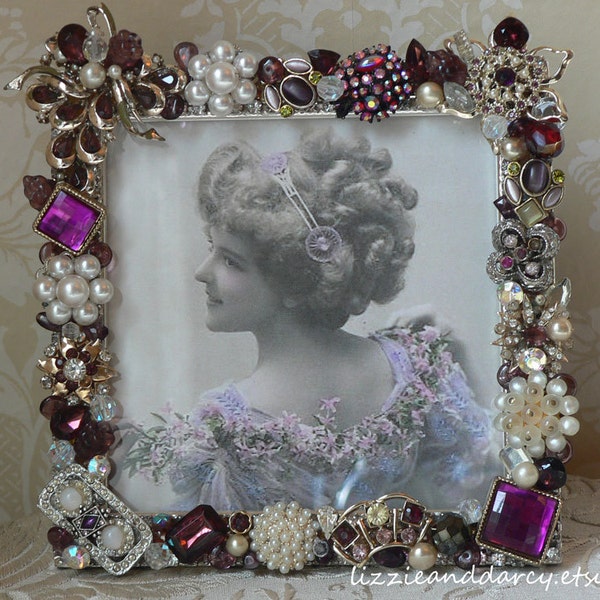 Purple Violet Pearl Vintage Jewelry Rhinestone 5 x 5 Square Photograph Picture Frame