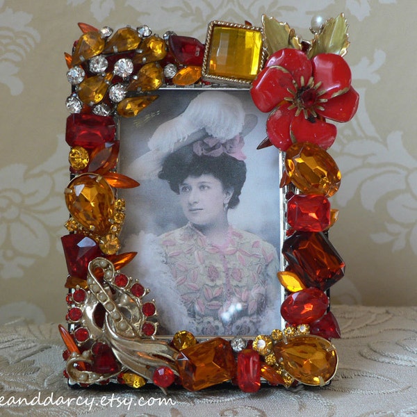 Red Amber Orange Vintage Jewelry Rhinestone 2 x 3 Photograph Picture Frame