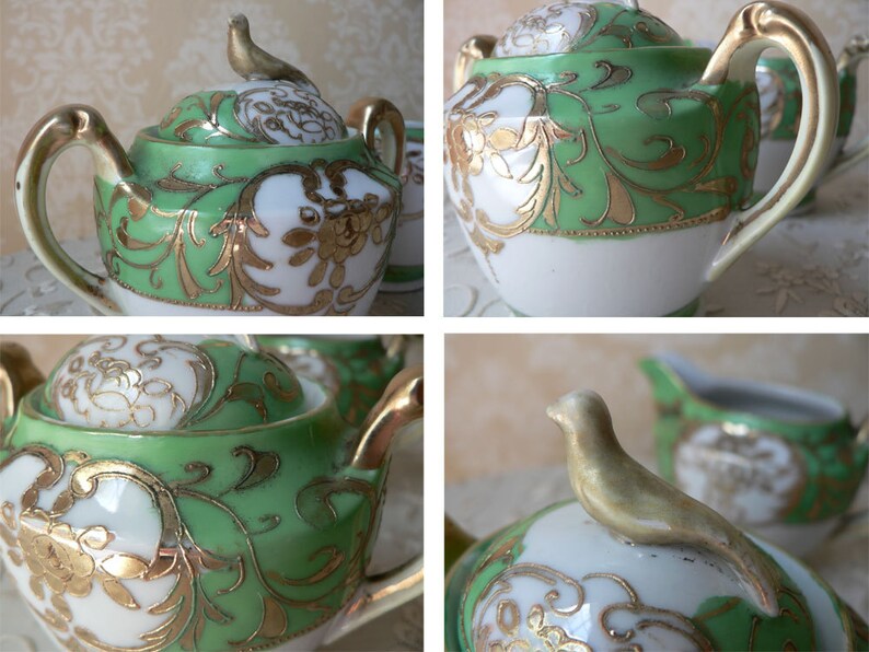 Vintage Japan Green Gold Bird Creamer and Sugar Bowl set Etsy