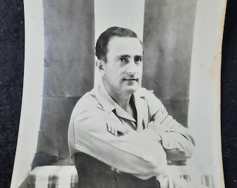 Original Vintage WWII Military Portrait Photograph Named A.J. Speed Sergeant Chevron, 1940s Black and White Studio Snapshot Paper Ephemera