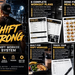 May include: A digital fitness guide titled Shift Strong featuring workout plans, meal plans, and progress trackers. The layout includes text lists, exercise charts, a weekly meal schedule, a grocery list, and a progress tracker sheet with a pen.