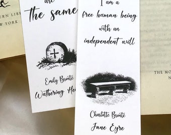 May include: Two classic novels, "Wuthering Heights" and "Jane Eyre," are displayed with accompanying bookmarks. The bookmarks feature quotes from the books and illustrations. The books are from The Modern Library, New York.
