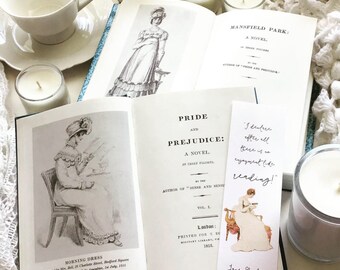 May include: Image of open books, including "Pride and Prejudice" and "Mansfield Park", with illustrations and text. A bookmark with a quote and a drawing of a woman reading. Candles and a teacup complete the scene, evoking a literary theme.