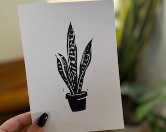 Grabado en linóleo de la planta serpiente / Arte hecho a mano