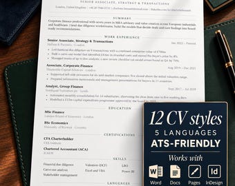 May include: A professional resume template titled Charlotte Bennett Senior Associate Strategy and Transactions with sections for summary, work experience, education, certifications, and skills. A dark blue overlay displays 12 CV styles 5 languages ATS-FRIENDLY Works with Word Docs Pages InDesign.