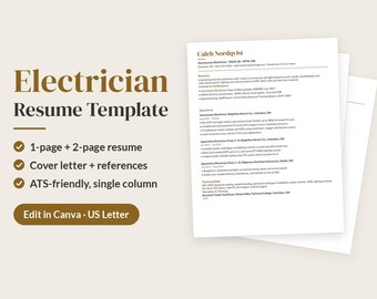 Electrician Resume Template, ATS-Friendly Editable Canva Resume for Journeyman and Apprentice, Tradesperson Resume, Cover Letter, US Letter