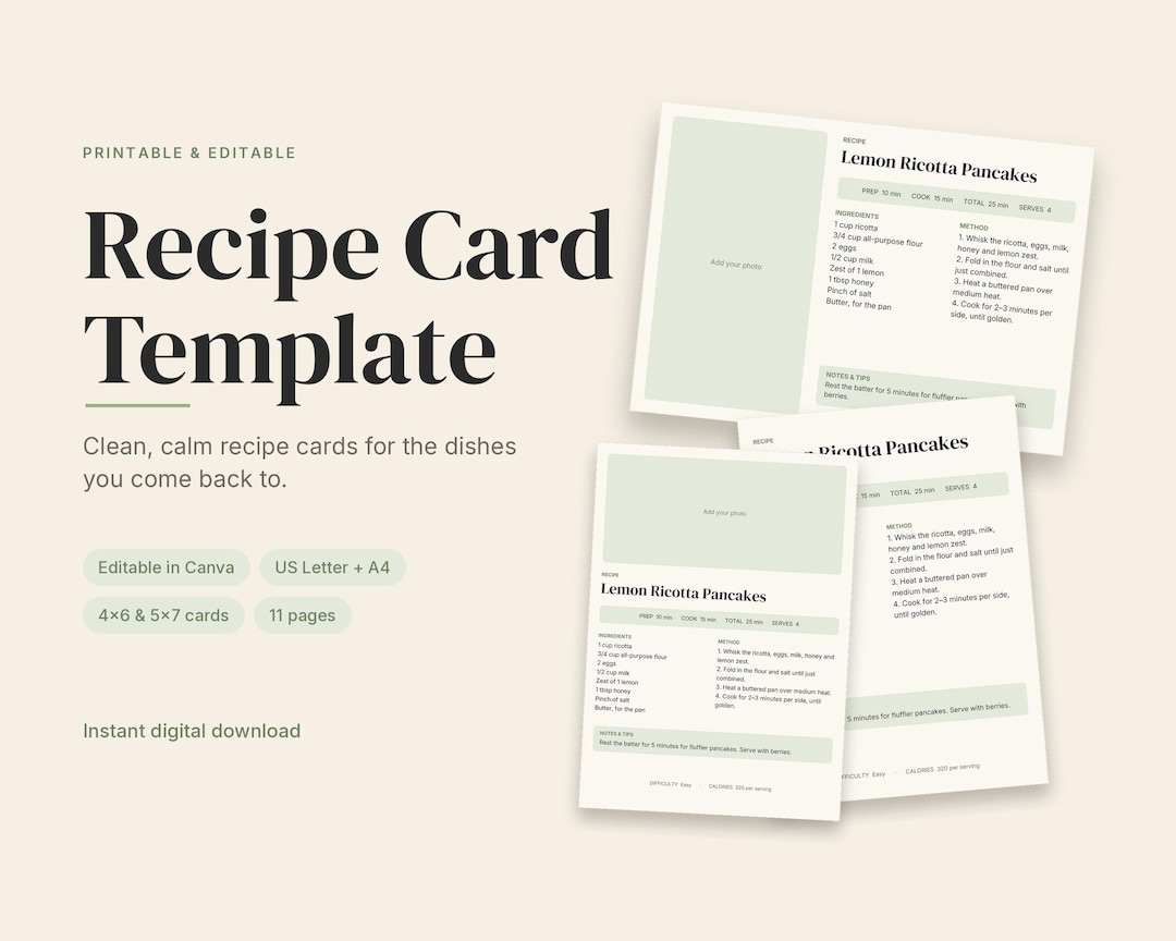 Printable Recipe Card Template | Editable Canva | Minimal Recipe Cards ...
