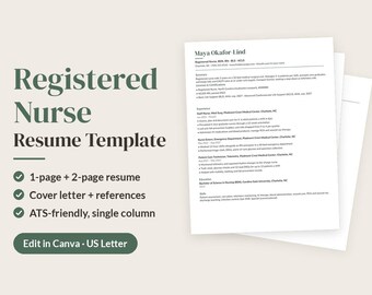 Nurse Resume Template, RN Resume, New Grad Nurse Resume, ATS-Friendly Editable Canva Resume, Cover Letter and References, US Letter