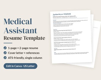 Medical Assistant Resume Template, ATS-Friendly Editable Canva Resume, Healthcare Resume with Cover Letter and References, US Letter