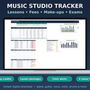 Könnte beinhalten: Ein digitaler Musikstudio-Tracker auf einem Laptop-Bildschirm mit einem Dashboard, das Tabellen, Balkendiagramme und Daten zu Unterrichtsstunden, Gebühren, Nachholterminen und Prüfungen sowie Hinweise zu Terminüberschneidungen anzeigt.
