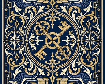 May include: A rectangular playing card back design featuring a dark blue background with gold and cream ornate filigree. The center displays two crossed keys within a circular frame, flanked by compass roses, stone archways, and wave motifs.