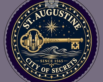 May include: A circular tag featuring a dark blue background with gold text reading ST. AUGUSTINE and CITY OF SECRETS. The design includes a gold key, a star, ocean waves, and the text SINCE 1565, all enclosed within a decorative gold border.
