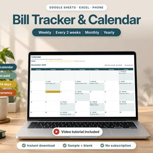 Bill Tracker Spreadsheet, Bill Calendar, Monthly Bill Tracker for Google Sheets & Excel, Subscription Tracker, Budget Spreadsheet, Digital