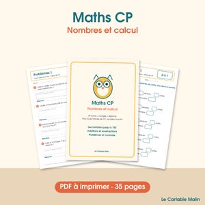 Peut inclure: Un ensemble de fiches pédagogiques de mathématiques pour le CP intitulé Maths CP Nombres et calcul. La couverture présente une illustration de hibou, le texte 29 fiches + corrigés + diplôme, et une étiquette PDF à imprimer 35 pages.