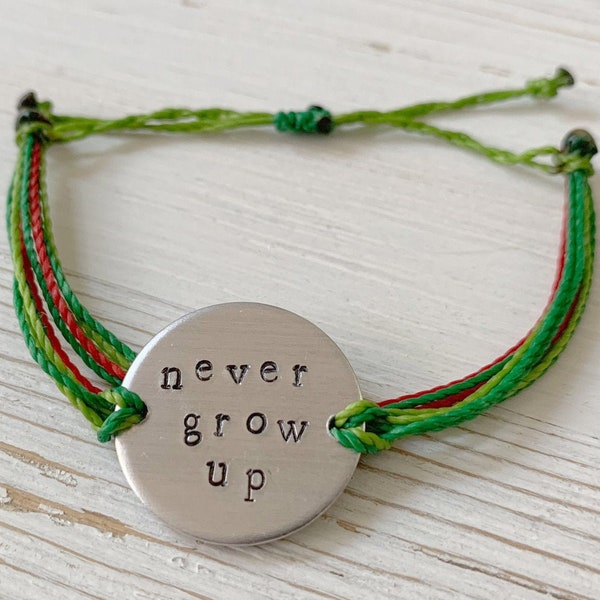Never Grow Up Hand Stamped Wax String Bracelet