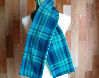 Double Layer Fleece Scarf - Navy & Mint Plaid/Solid Mint - No Fringe - Ready to Ship