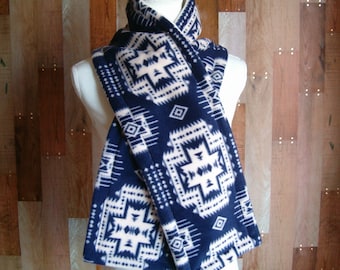 Double Layer Fleece Scarf - Navy & Cream Aztec (Midnight Star)/Solid Winter White - No Fringe - Ready to Ship