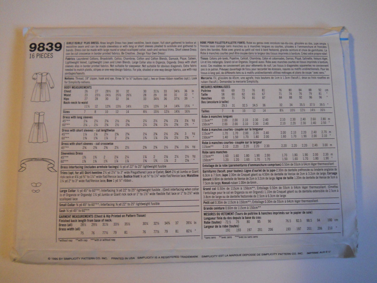 Vintage Simplicity Pattern 9839 Girls Dress W/sleeve and - Etsy