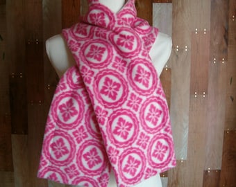 Double Layer Fleece Scarf - Fuschia Medallion/Solid White - No Fringe - Ready to Ship