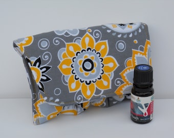 3-Pocket Essential Oil Pouch - Gold and Gray Large Floral/Gray & White Dot - READY TO SHIP