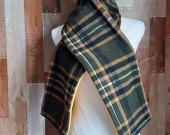 Double Layer Fleece Scarf - Forest Green, Gold, Black Plaid/Solid Gold - No Fringe - Ready to Ship