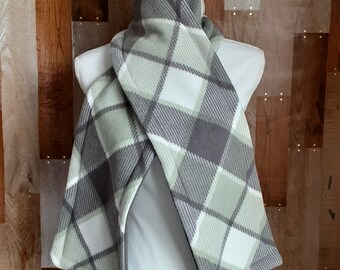 Double Layer Fleece Scarf - Gray, White , Sage Green/Gray Plaid - No Fringe - Ready to Ship