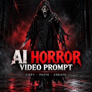 May include: A hooded figure in a black tattered robe and white ghost mask holds a knife. The text reads AI HORROR VIDEO PROMPT COPY PASTE CREATE in bold red and white lettering against a dark, smoky background with red lighting.
