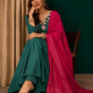 3-Piece Viscose Slub Silk Suit Set | Sequence Coding Embroidered Kurti Palazzo & Jacquard Dupatta