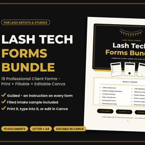 19 Lash Tech Forms Bundle | Editable Canva Template + Fillable PDF | Lash Intake, Consent, Client Record, Aftercare | A4 + US Letter