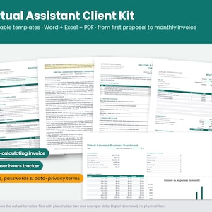 Puede incluir: Un kit de cliente para asistente virtual con cinco plantillas editables en formatos Word, Excel y PDF. Los documentos incluyen una propuesta, acuerdo de servicios, lista de bienvenida, factura y un panel de control empresarial.